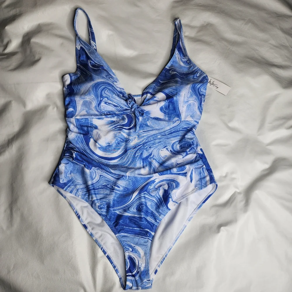 Nicole Miller Studio Swimsuit One Piece Blue White Swirl Print Size XL NWT